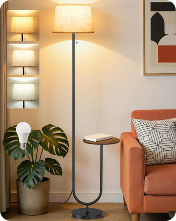Floor Lamp with Side Table, Standing Lamp with Tray, Pull-Chain Switch, 3 Color Temperatures, 9W LED Bulb Included