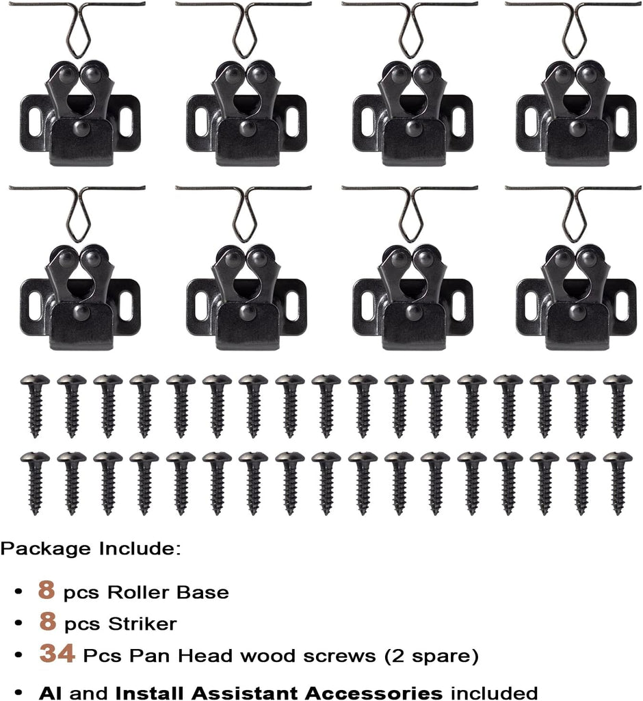 8 PCS Cabinet Latch Double Roller Catch Hardware Door Latches and Catches, Black Nickel
