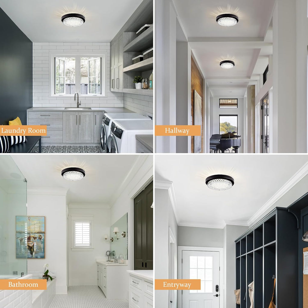 Flush Mount Ceiling Light Small Crystal LED Hallway Ceiling Lighting 10'' | 4000K, Dimmable, Mini, Black Crystal