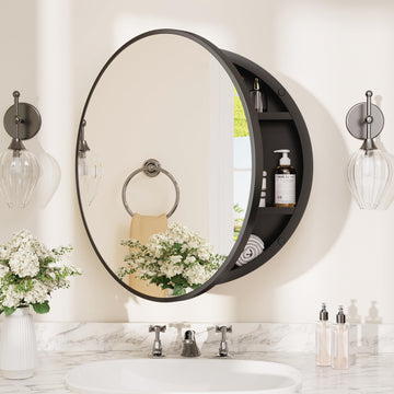 20 x 20 Inch Medicine Cabinet Mirror Black Framed Round Mirrored Medicine Cabinets Adjustable Shelves Modern Bathroom