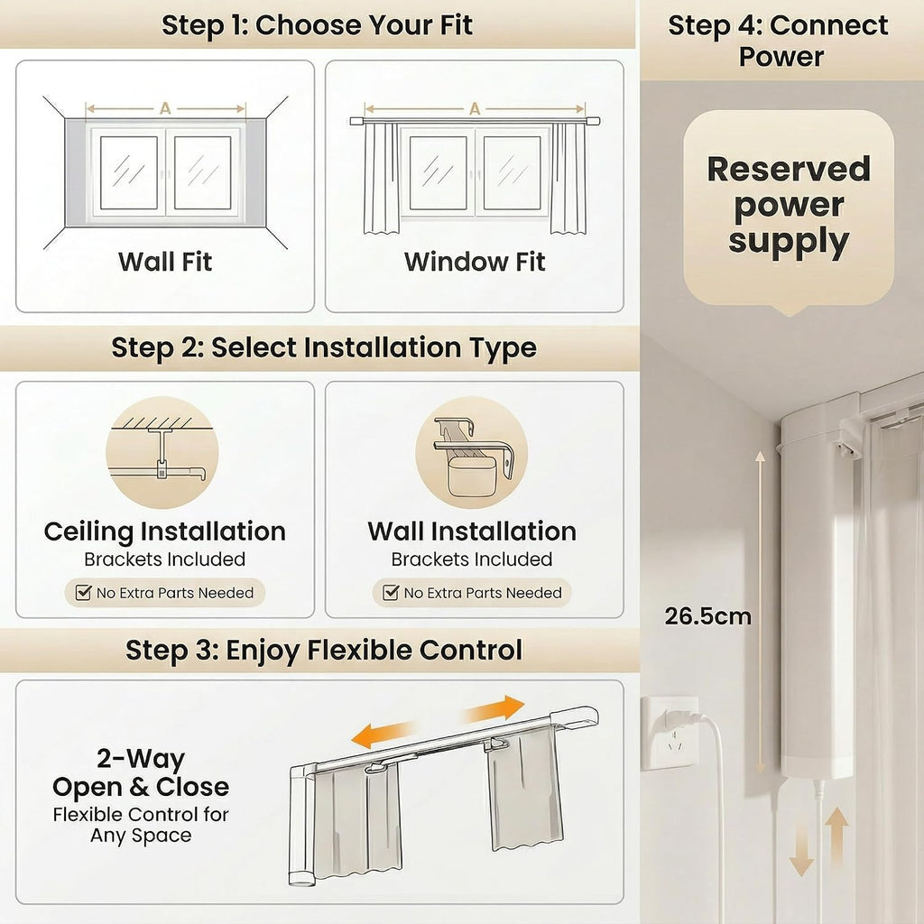 Pre-Assembled Telescopic Smart Curtain Track, No Splicing/Cutting, AC Plug-in WiFi Motor (No Hub Required)