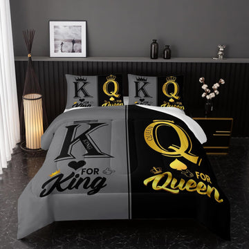 King and Queen Crown Comforter Set Black and Gray Couple Bedding Set，3Pcs Mr Mrs Comforter Set for Adults Couple Men