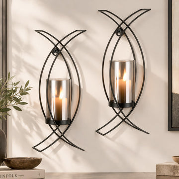 Black Metal Wall Candle Sconces Set of 2 with Glass Hurricanes