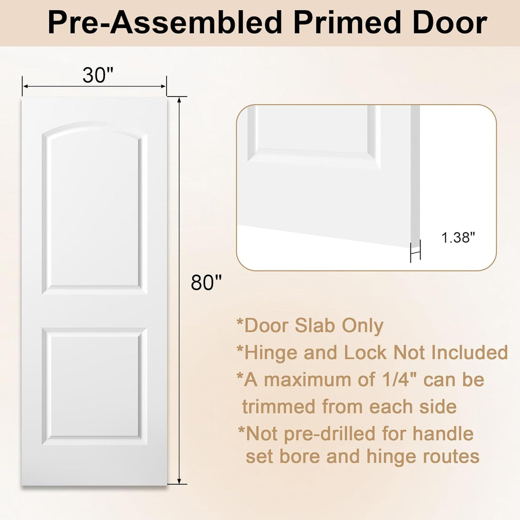 30"x80" Raised 2-Panel White Primed Hollow Core Interior Molded Door Slab with Arch Design, NOT Pre-drilled and NOT Included Hardware, Round Top Smooth Paintable Interior Door
