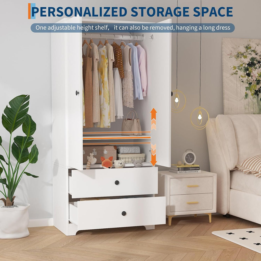 71" Armoire Wardrobe Closet, Modern Wooden Bedroom Armoire with 2 Drawers & 2 Doors and Adjustable Shelves,Clothing