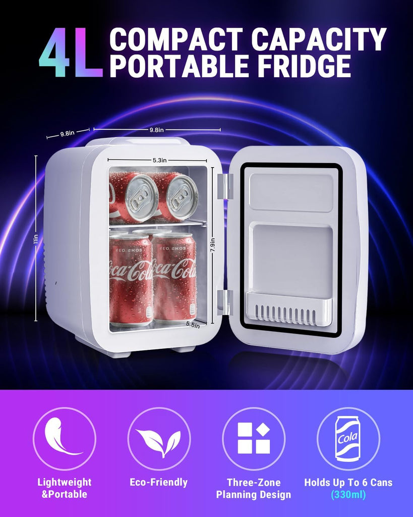 Mini Fridge, 4 Liter/6 Cans Small Refrigerator With Dimmable LED Light,AC/DC Portable Mini Cooler and Warmer, Gaming