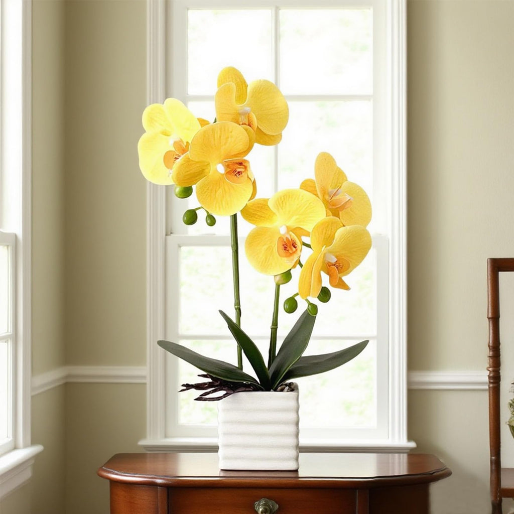 Artificial Orchids Decor Indoor with Vase Orchids Artificial Flowers Yellow Orchid Height 14 inches