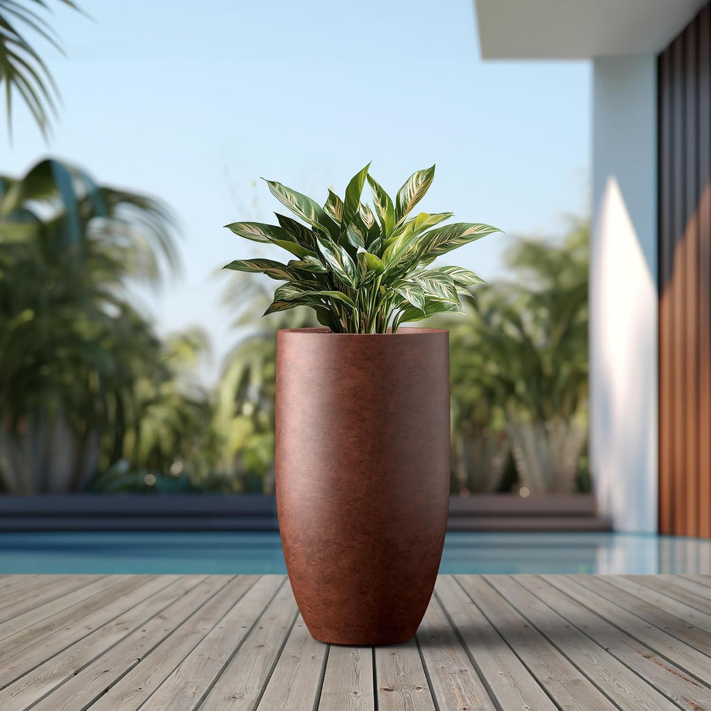 Large Round Tapered Rusty Concrete Planter 24" Tall, Outdoor | Rubber Plug for Indoor, Drainage for Garden