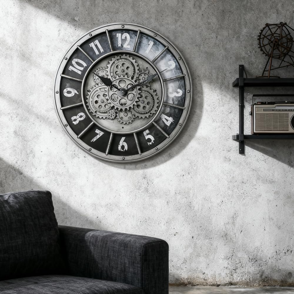 18 Inch Wall Clock with Moving Gears, Oversized Large Industrial Steampunk Decoration, Antique Metal Big Numeral Wall Clocks for Kitchen...