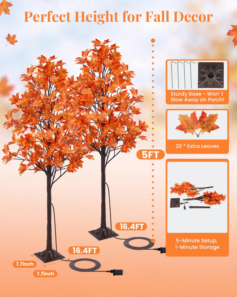 2 Pack 5FT Artificial Lighted Maple Tree with 96 LED & 192 Ultra-Dense Maple Leaves - Fall Decorations Maple Tree