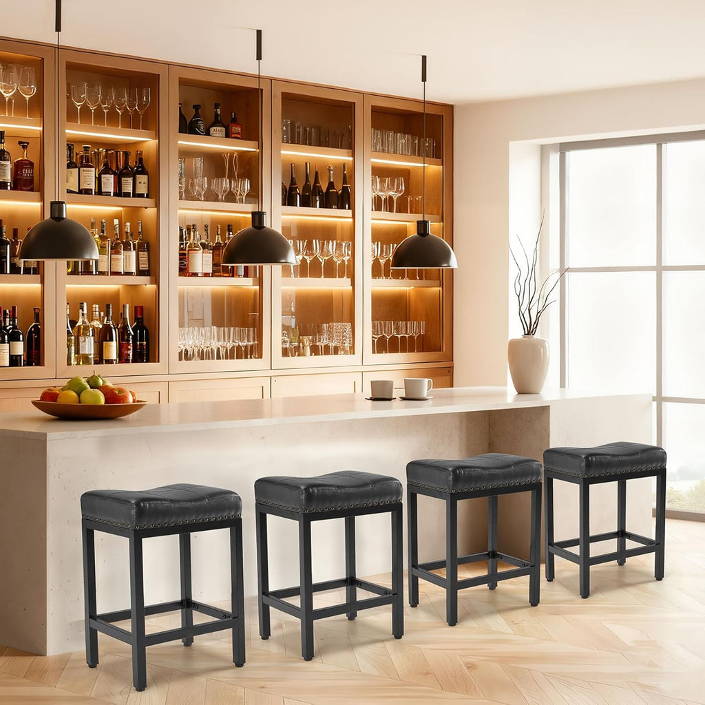 Saddle Bar Stools Set of 4, 24 Inch Counter Height Stools with Curved PU Leather Surface, 3.7" Thick Upholstery Bar