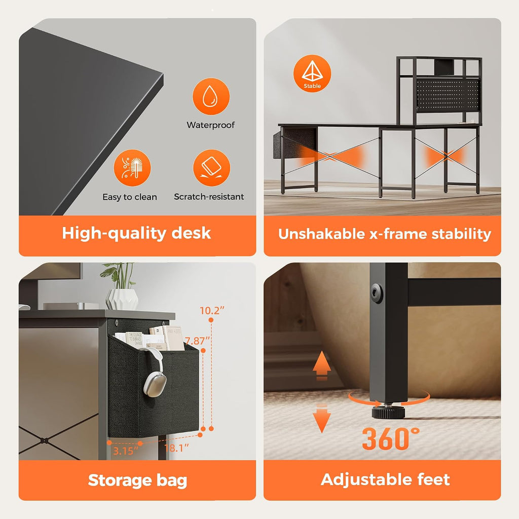 51 in L Shaped Desk with Pegboard, Reversible Corner Gaming Desk | Large Computer Desk with Hutch, Power Outlets, LED