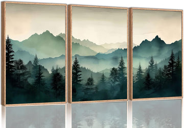 Framed Mountain Wall Art Set of 3 Sage Green Forest Canvas Prints Nature Landscape Watercolor Pictures Wall Decor