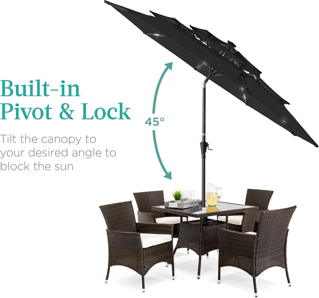 10ft 3-Tier Solar Patio Umbrella, Outdoor Market Sun Shade w/ 24 LED Lights, Tilt Adjustment, Easy Crank, 8 Ribs - Black