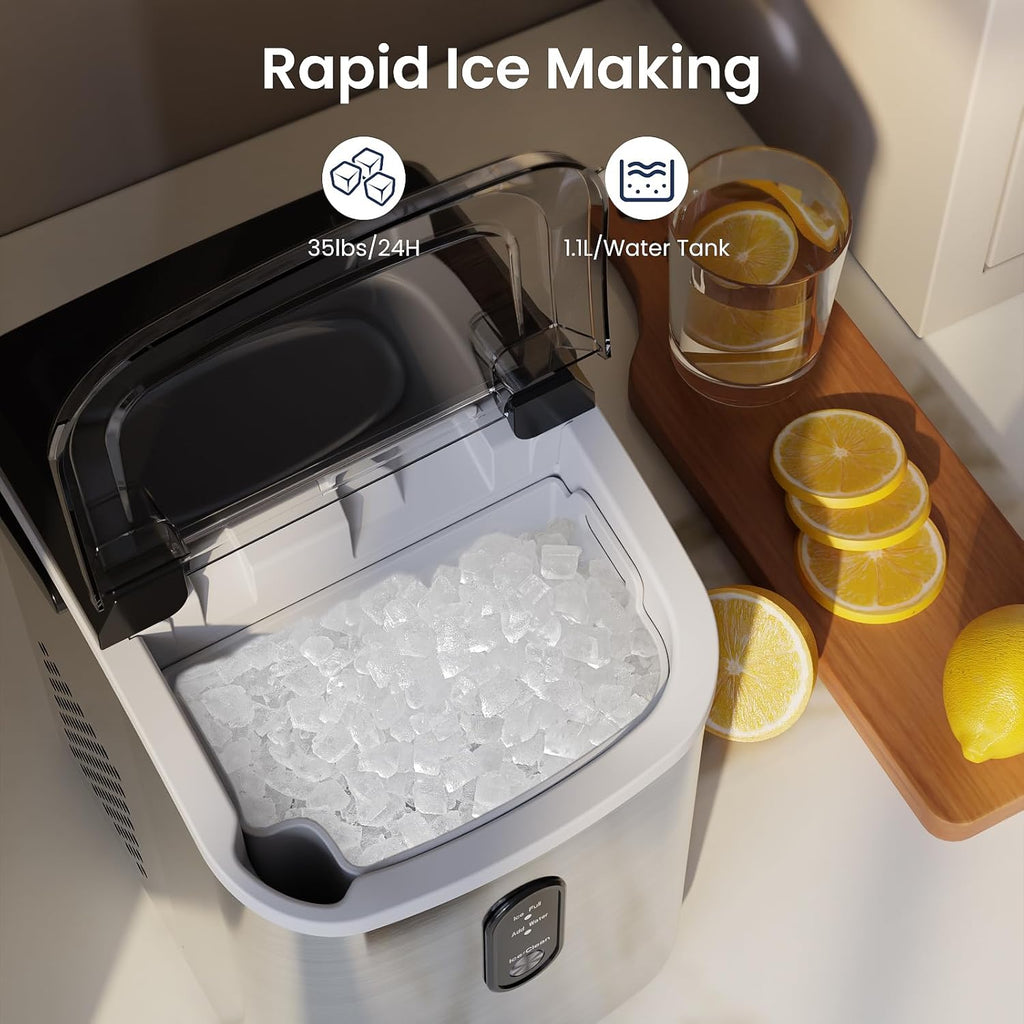 Nugget Ice Makers Countertop with Self-Cleaning, 35lbs/24H, Portable Sonic Ice Maker Machine with Handle/Basket/Scoop
