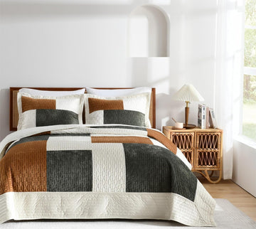 Velvet Quilt Set, Luxury Patchwork Design, Green Caramel