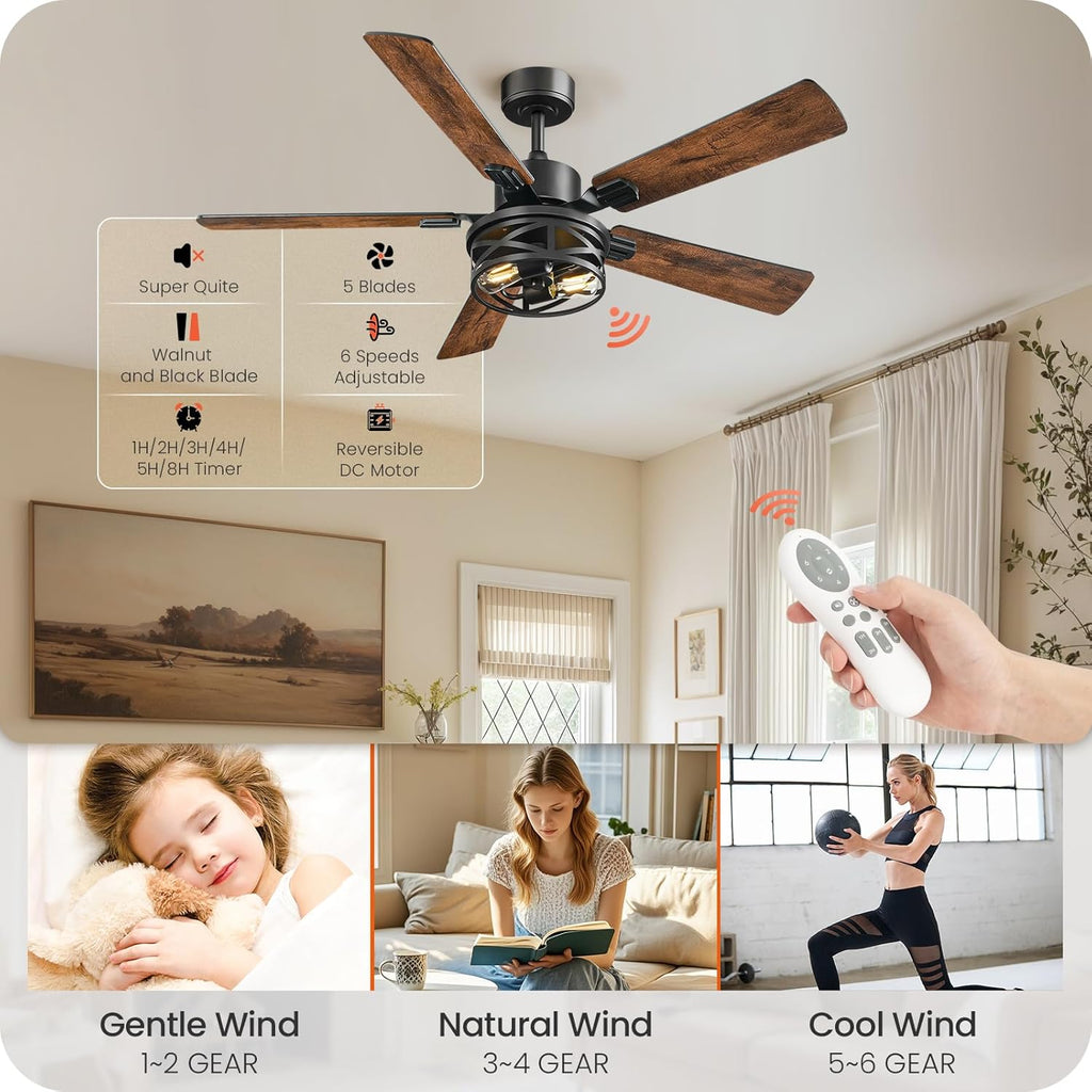 42 Inch Farmhouse Ceiling Fan with Lights and Remote, Timer, Dual Finish 5 Blades (Walnut and Black), 6 Speeds