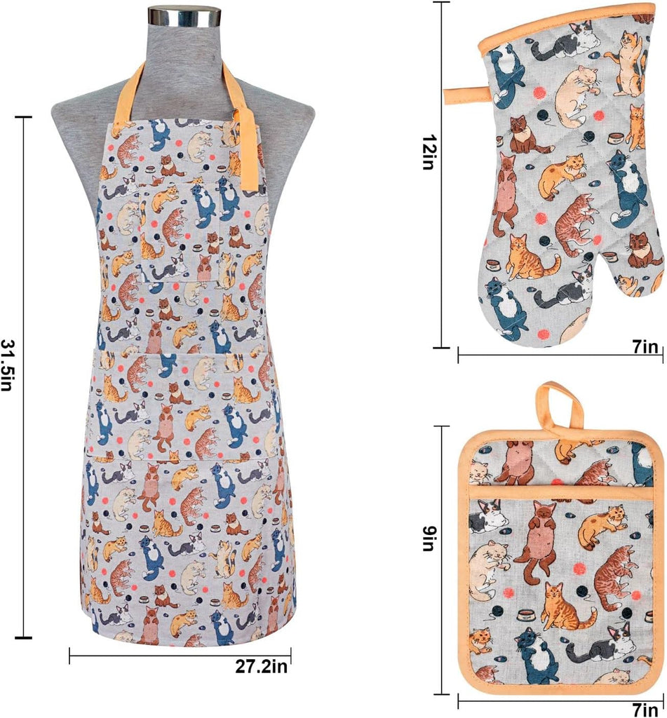 Oven Mitts and Pot Holders with Chef Apron,Kitchen Set of 5 | Heat Resistant Kitchen Gloves and Silicone Non-Slip