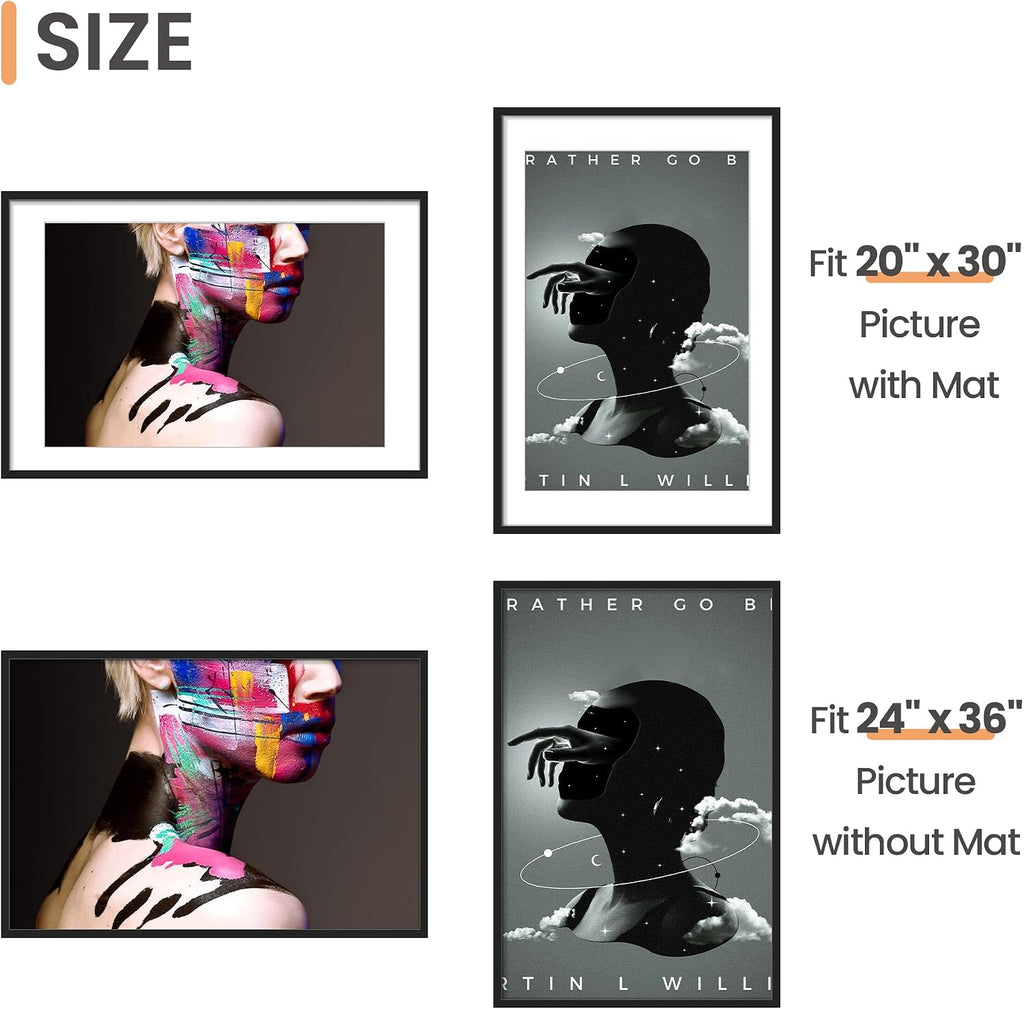24x36 Poster Frame, Wall Decor Picture Frames, Black 1 Pack | 24 x 36 Frame, 20x30 Frame with Mat for Gallery Wall