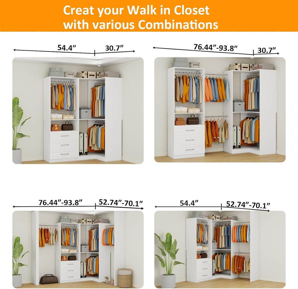 Closet System with 3 Wooden Drawers, 4.5-6FT Corner Closet Organizer System for Walk in Closet, Heavy Duty Modular