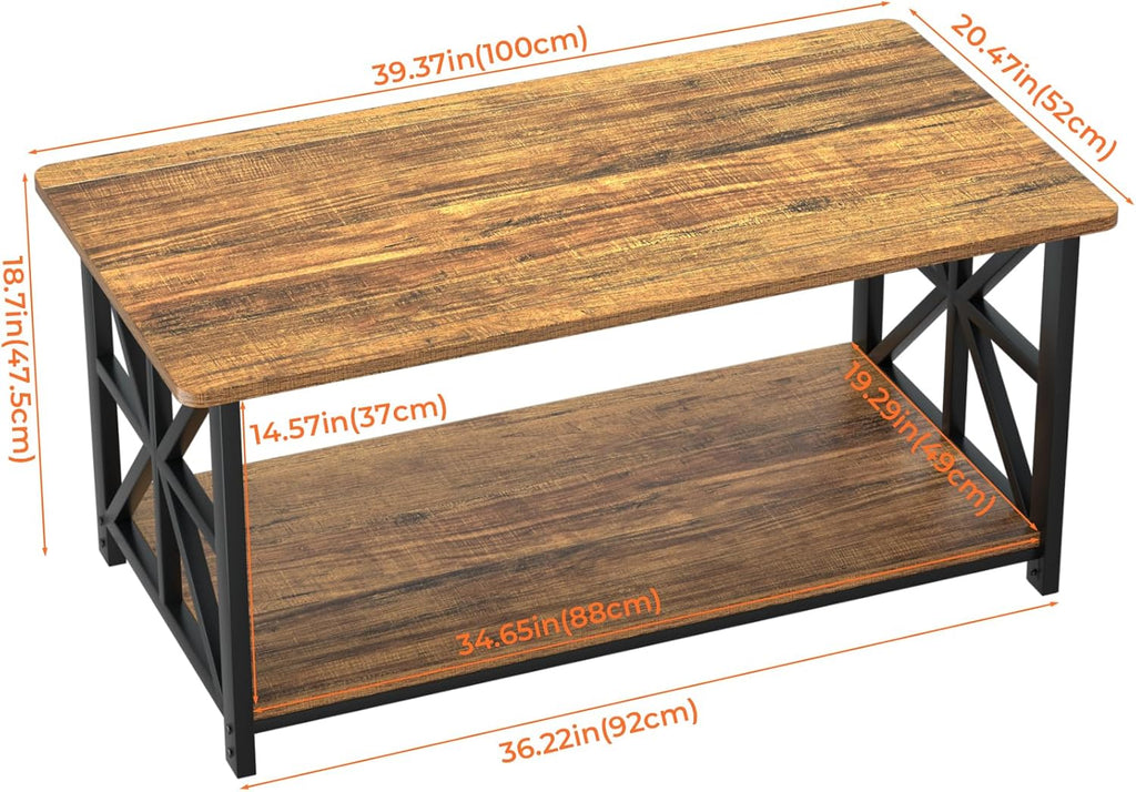 Coffee Table with Round Corner, Farmhouse Center Table with 2-Tier Storage Shelf X-Frame Design, 39 inch Walnut