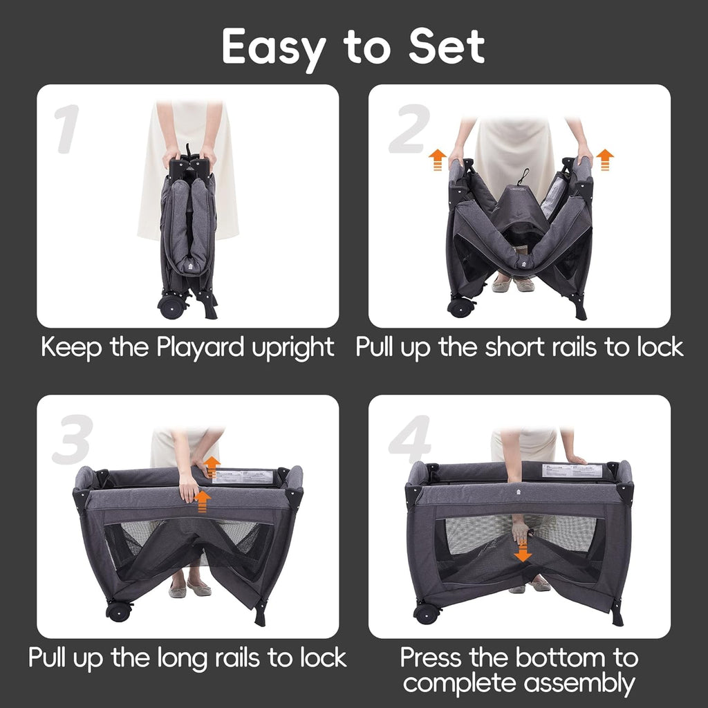 Pack and Play 4-in-1 Baby Playard with Bassinet & Changing Table, Foldable Portable Playpen with Mattress, Travel
