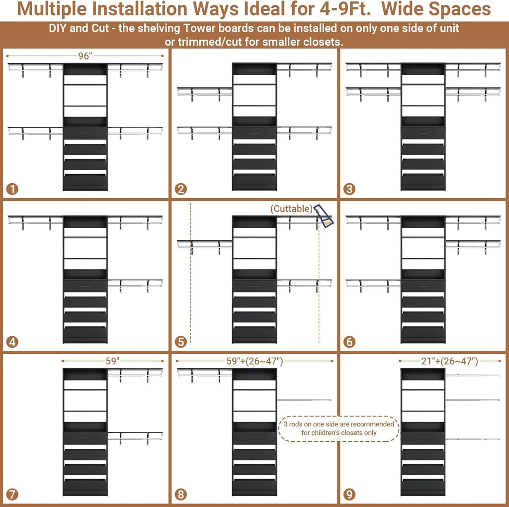 Closet System, 8FT Closet Organizer with 4 Wooden Drawers, Wood Closet Organizer System with Tower, Walk-in Closet