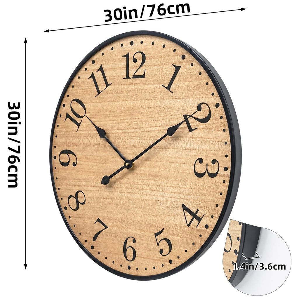 30 Inch Rustic Farmhouse Wall Clock, Large Silent Wooden Wall Clock with Natural Wood Grain Face & Black Metal Frame