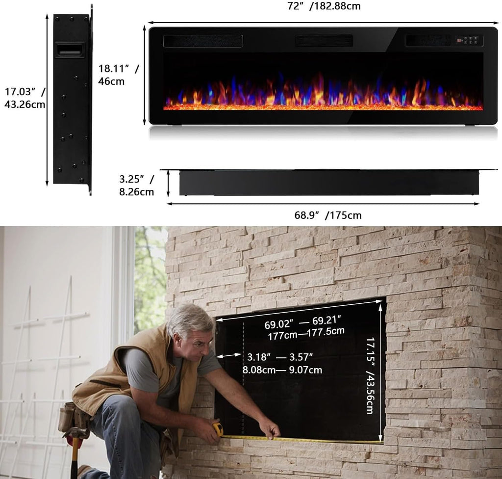 72 Inch Ultra Thin Electric Fireplace-Narrow Bezel Linear Fireplace Heater Recessed Wall Mounted