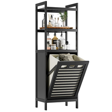 Tilt Out Laundry Hamper, Bamboo Bathroom Cabinet with Pull Out Removable Bag and 3 Tier Storage Shelves, 10 Gal
