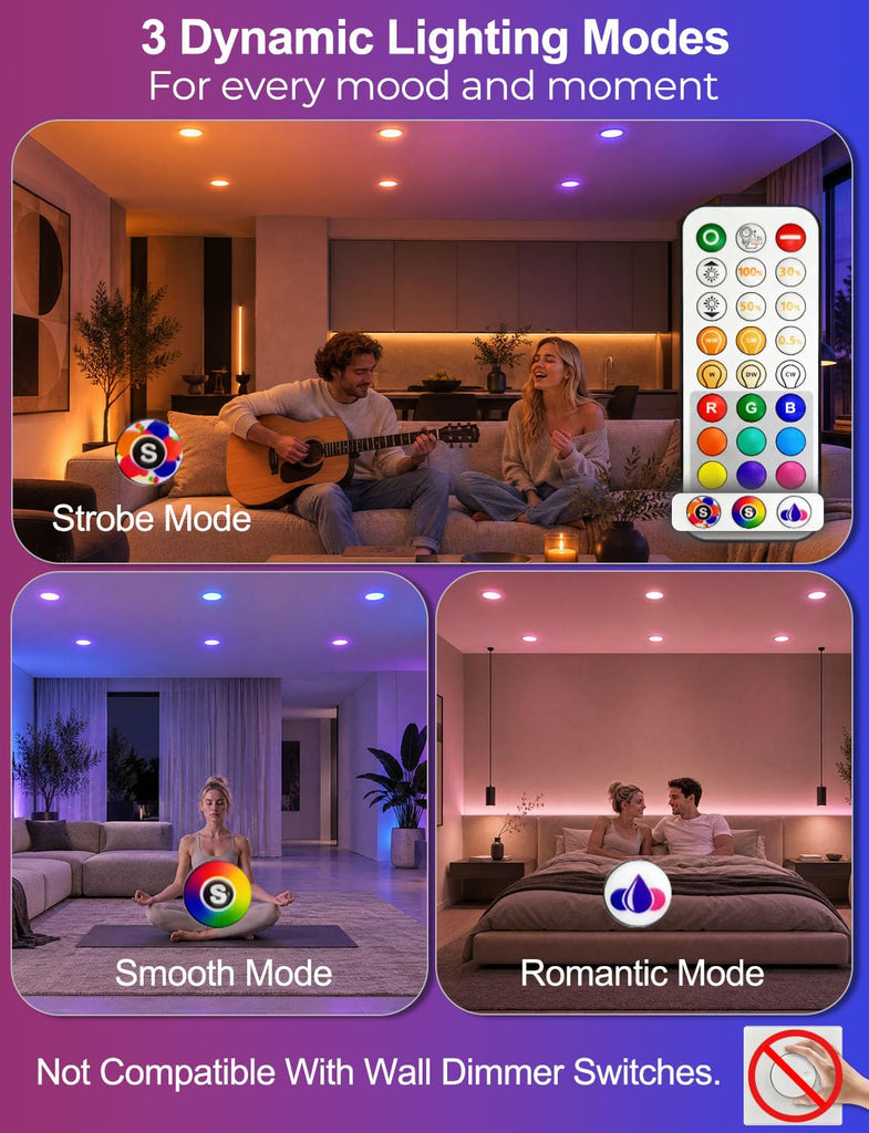 LED Reccessed Downlights, Color Changing, 4 Inch, Recessed Ceiling Lights (6 Packs)