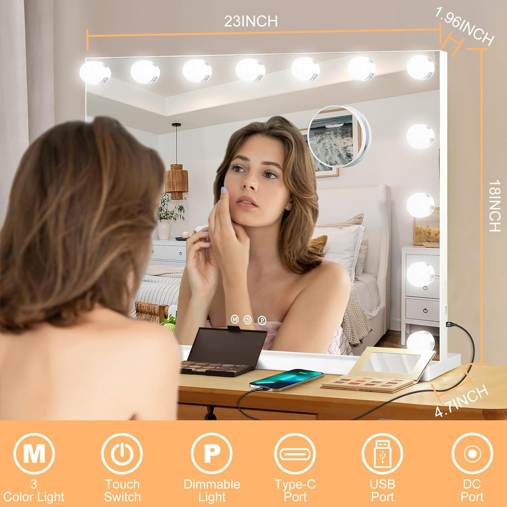 Vanity Mirror with Lights, Hollywood Lighted Makeup Mirror with 15 Dimmable Bulbs and 10X Magnification, 3 Colors