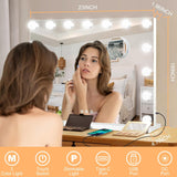 Vanity Mirror with Lights, Hollywood Lighted Makeup Mirror with 15 Dimmable Bulbs and 10X Magnification, 3 Colors