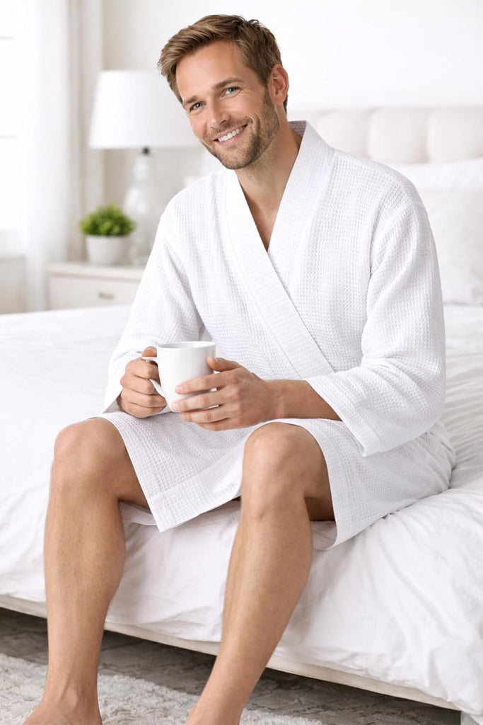 Men's Waffle Bathrobe Lightweight Kimono Spa Robe - Quick Dry Bath & Shower Robe for Men with Pockets