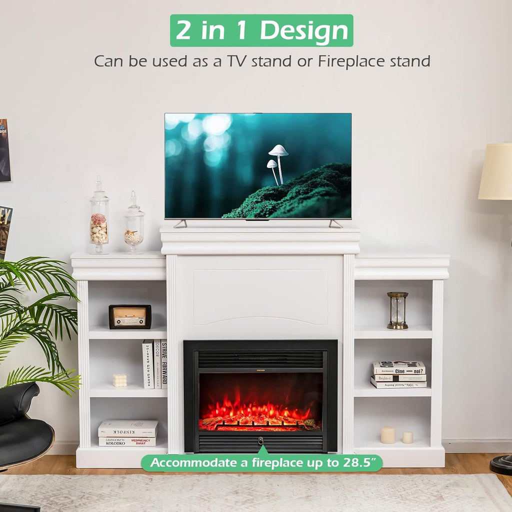 70 Inches Freestanding Mantel Stand, Modern Media Fireplace Cabinet for Living Room Bedroom, Wooden Mantel Console