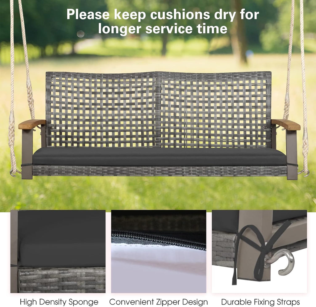 2-Person Outdoor Porch Swing with 118" Hanging Ropes, Patiojoy PE Wicker Patio Hanging Swing Bench with Soft Seat