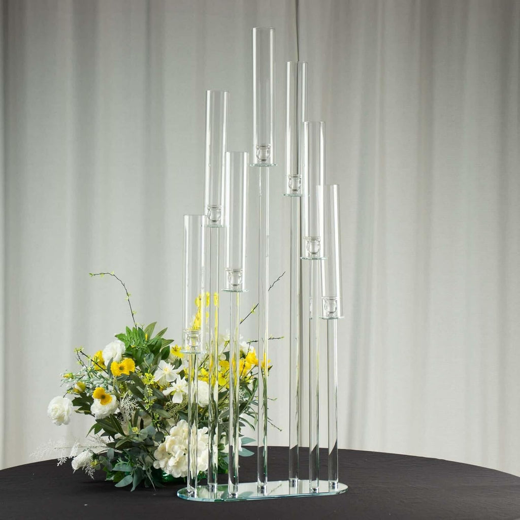 47" Clear Crystal 7-Arm Cluster Wedding Aisle Candlestick Stand with Hurricane Shades, Taper Candle Candelabra Table