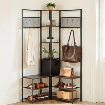 Corner Hall Tree with Shoe Bench, 70.9 in Coat Rack with Hooks and Steel Frame, Freestanding Clothes Shoes Rack