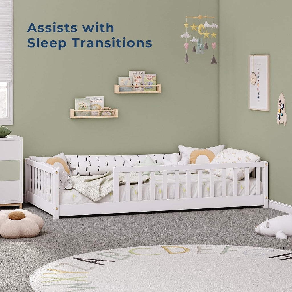 Twin Montessori Floor Bed with Rails | Solid Wood White Floor Bed Frame for Kids, Montessori Bed with Slats, No Box