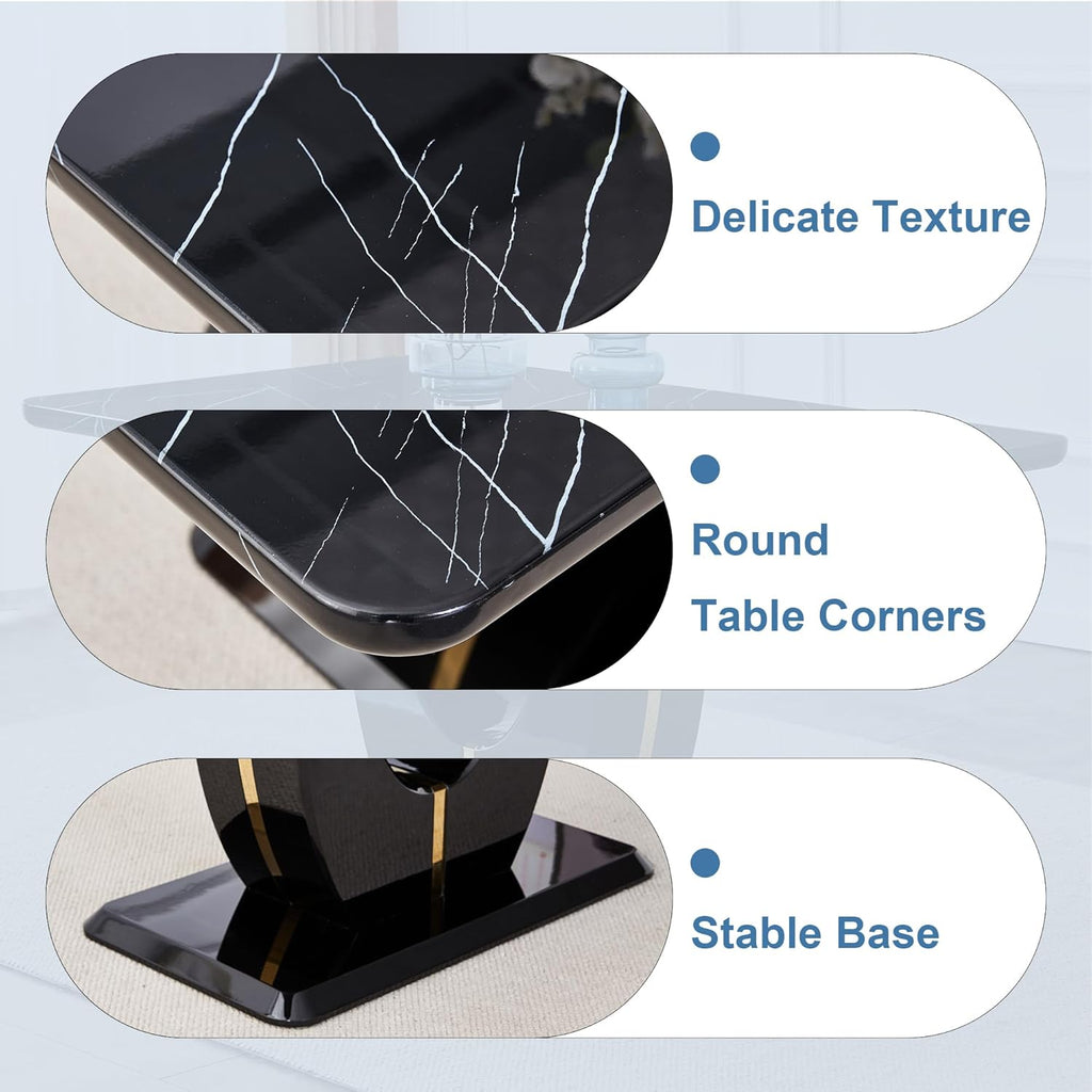 63" Black Marble-Look Dining Table for 6, Modern Rectangular Kitchen & Dining Room Table, Glossy Faux Marble Finish
