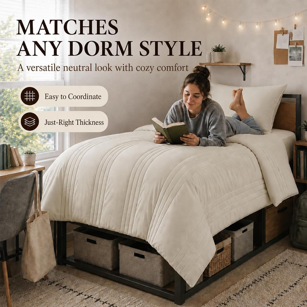 Queen Comforter Set Beige - 7 Pieces Vertical Quilted Bed in a Bag - Set of 7
