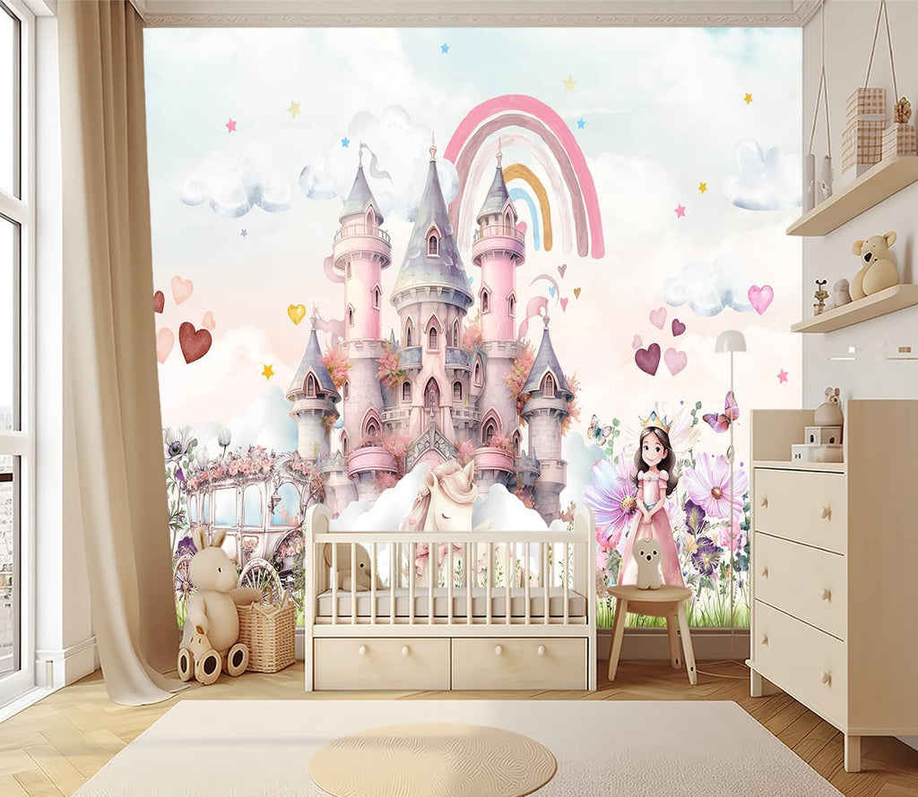 Pink Cartoon Citadel Nursery Room Fabric Wallpaper Girls Bedroom wall Mural-W 88" X H 59"(36 Square Foot)