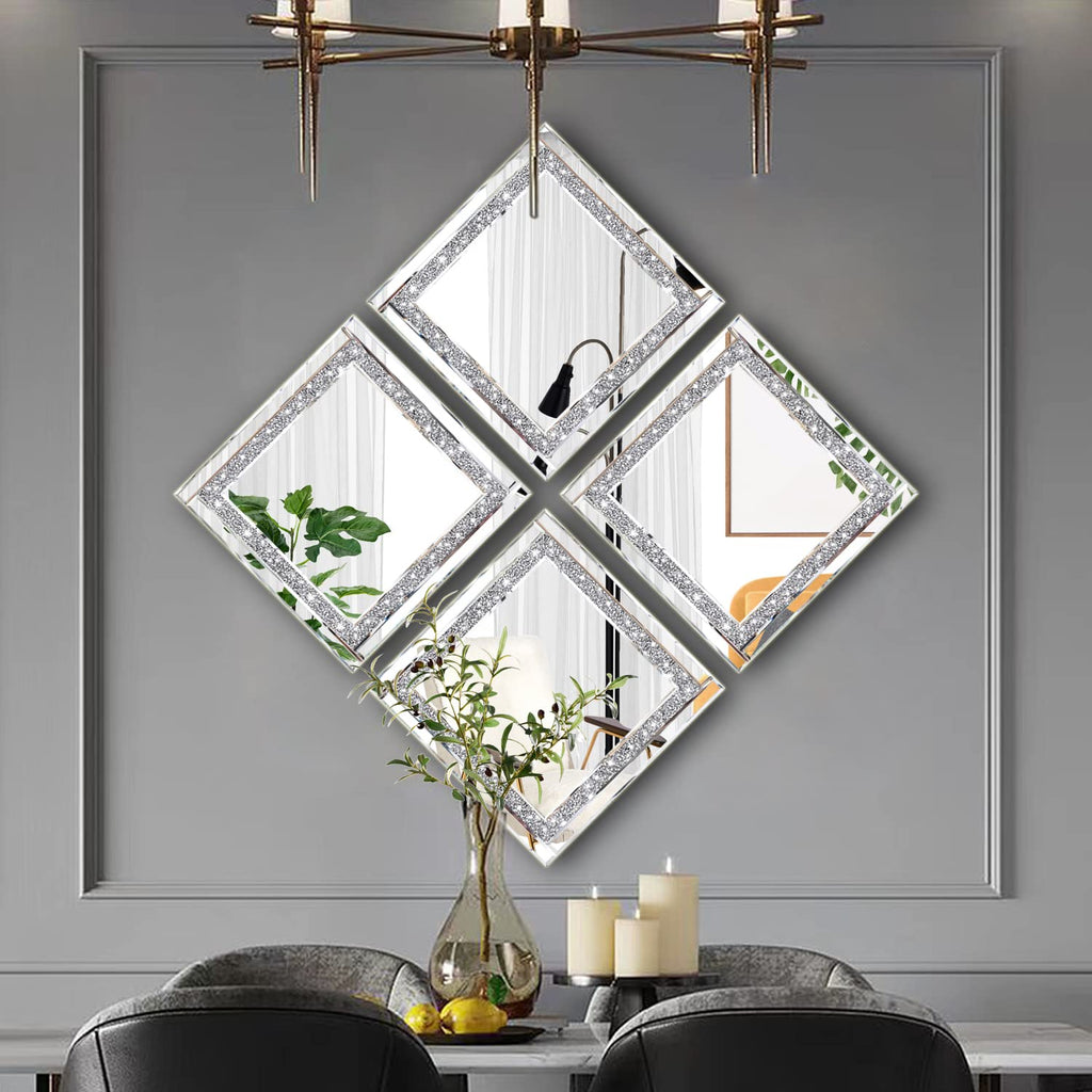 Crystal Crush Diamond Silver Mirror 12'' x 12'' 2PCS,Frameless Stylish Gorgeous Diamond Decor Glam Glass Mirror.