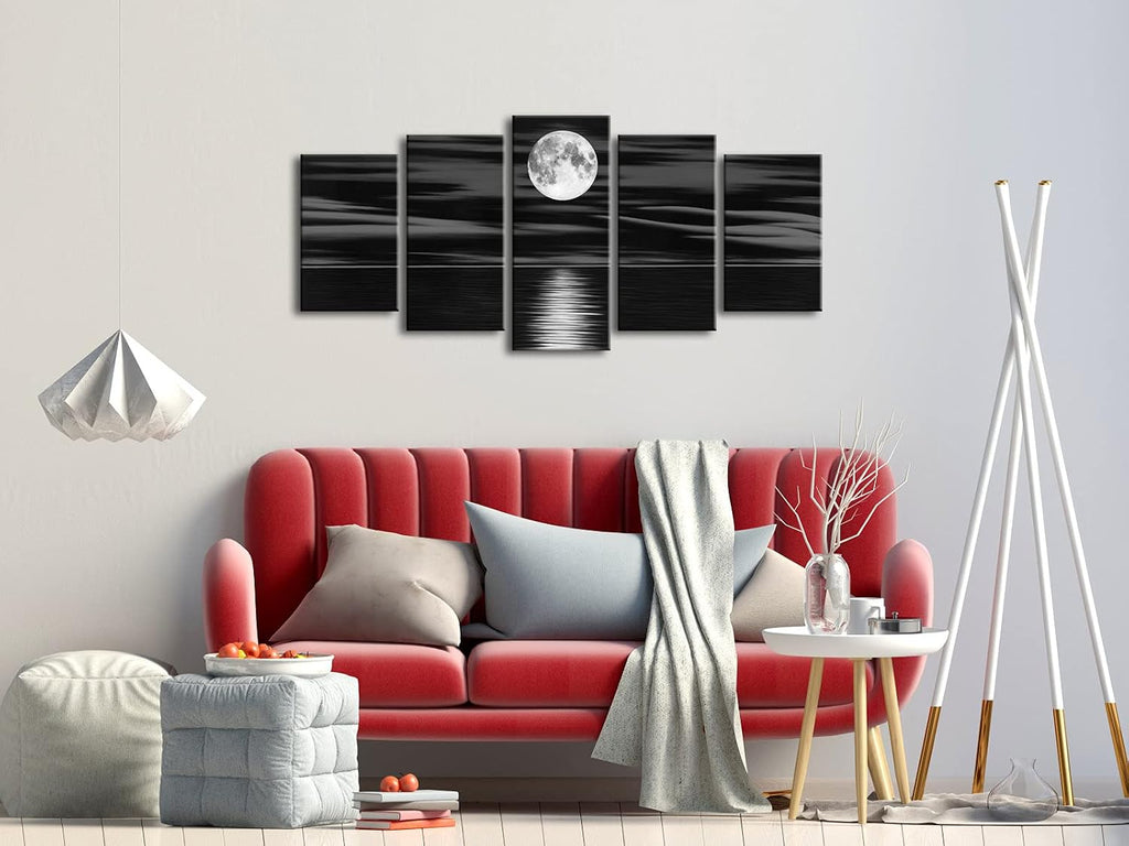 Sea White Full Moon in Night Canvas Print Wall Art Black and White Ocean Beach Bedroom Kitchen Home Decorations 5