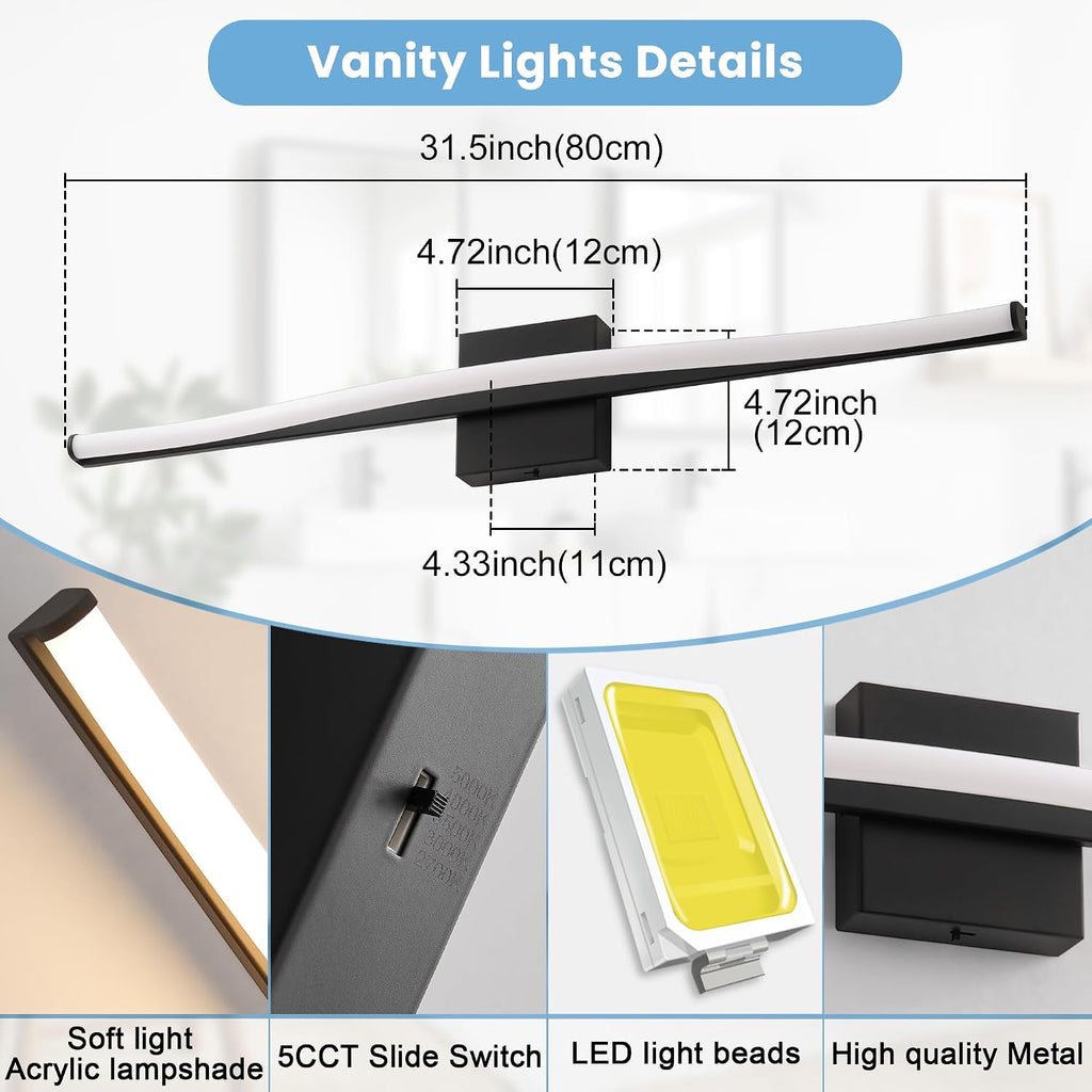Modern Bathroom Vanity Light 32 inch, Curved, Dimmable 5CCT Led Bathroom Light Fixture Over Mirror, Black Bar Vanity