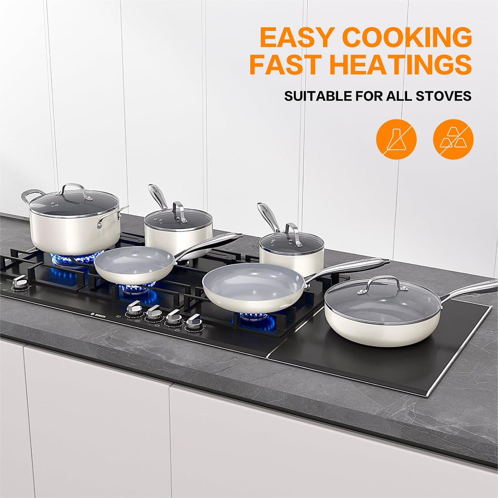 Ceramic Nonstick Cookware Set, 10-Piece Non Toxic Pots and Pans Set with Glass Lids, PFOA-Free Healthy Kitchen Ware
