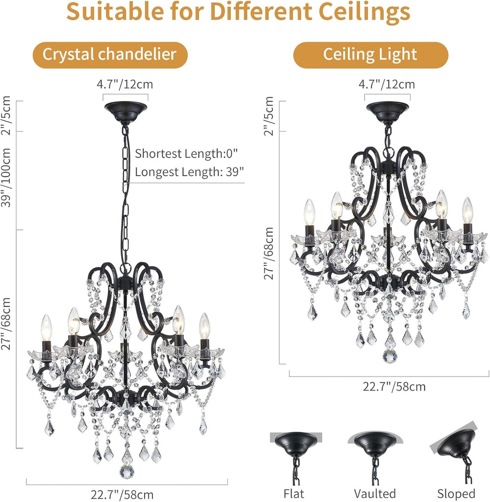 Mini Crystal Chandelier, 5-Light Modern Black Chandelier for Dining Room Light Fixture, Crystal Pendant Ceiling Light Fixture, Modern Candle Chandelier for Living Room Kitchen Island Entryway Bedroom