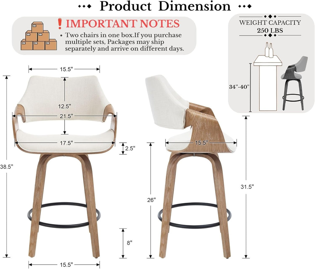26 Inch Modern Barrel Swivel Counter Stools Counter Height Swivel Bar Stools with Backs Set of 2, Beige Linen