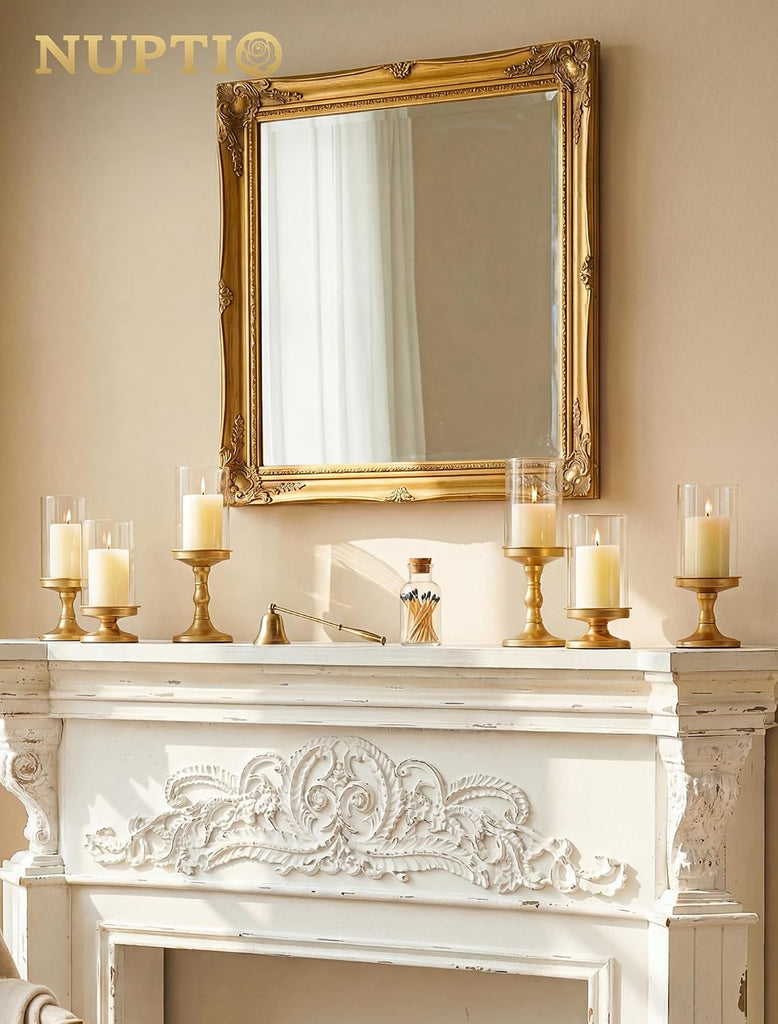 Hurricane Glass Candle Holders: Gold Pillar Candle Stand with Open Ended Chimney - Set of 3 Metal Candleholder for