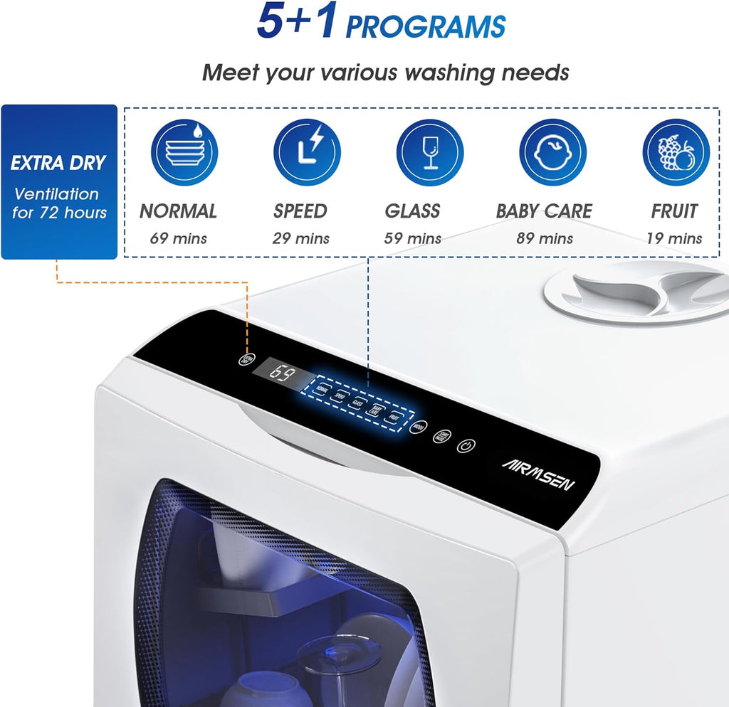 Portable Countertop Dishwashers, 5 Washing Programs Mini Dishwashers with 5 L Built-in Water Tank and Double-layered